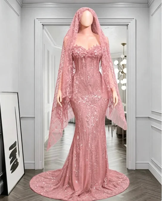 Red Rhinestone Matching Cape Veil Women Mermaid Prom Dress Formal Wedding Eveing Party Gown Customized