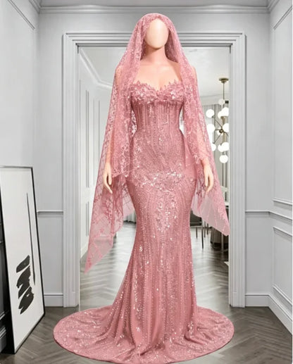 Red Rhinestone Matching Cape Veil Women Mermaid Prom Dress Formal Wedding Eveing Party Gown Customized