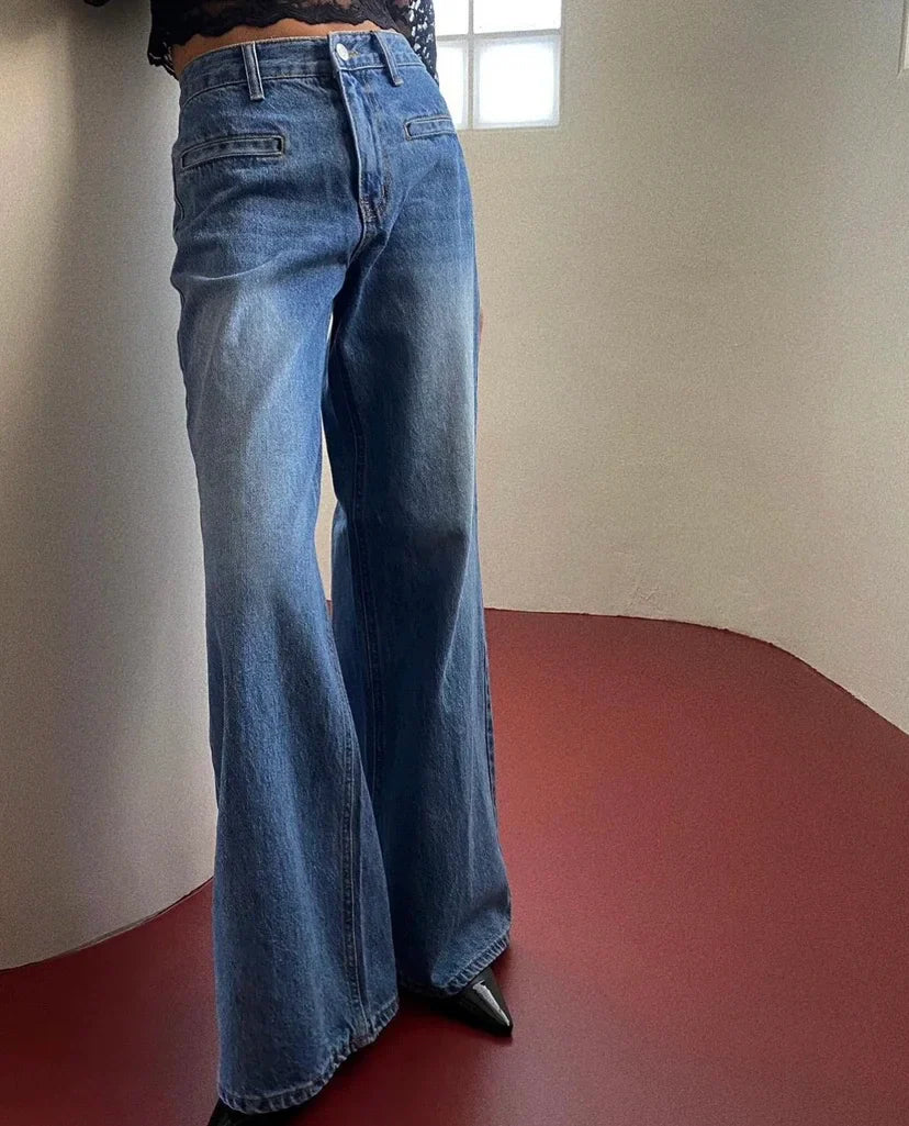 Retro High Waist Slim Fit Blue Jeans Women's Autumn Winter Straight Leg Long Pants Wide Leg Pants Classic Waed Denim
