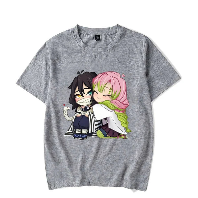Funny Kanroji Mitsuri Iguro Obanai Cartoon Print T-Shirt Couple Casual Loose Short Sleeve Round Neck Harajuku Tops Clothing