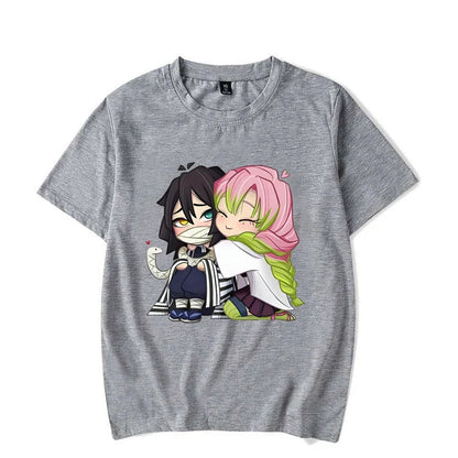 Funny Kanroji Mitsuri Iguro Obanai Cartoon Print T-Shirt Couple Casual Loose Short Sleeve Round Neck Harajuku Tops Clothing