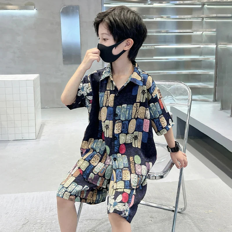 New Summer Kids Beach Clothes Set 2 Pieces Set for Boys Casual Shirt Short 2PCS Clothing Set Children Cool Vacation Outfit Suit
