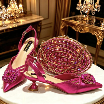 Shiny Red Color Shoes and Bag Elegant Handbags and Medium Heel Shoes Beautiful Handmade Shoes for Wedding Party