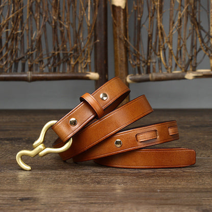 2.0 CM Ladies Pure Cowhide High Quality Genuine Leather Hook Belts for Women Brand Strap Brass Buckle Jeans Cowboy Thin Belt