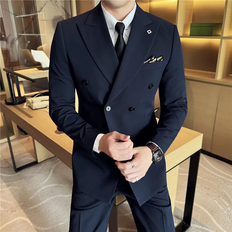 M-7XL Blazer Vest Pants High -end Brand Gray Black Men's Casual Business Double -breasted Suit Groom's Wedding Slim Men's Suit