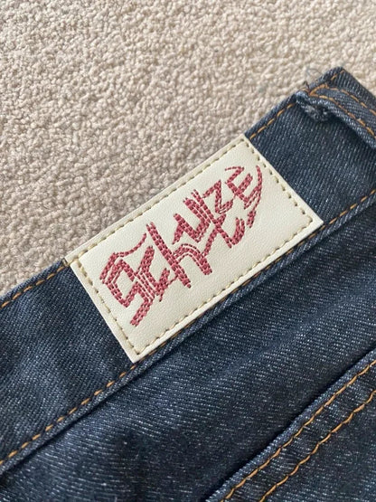 Men Dark Wash Denim Shorts Back Pocket Cherry Blossom Embroidered Loose Fit Knee Length Vintage Streetwear Casual Summer Wear