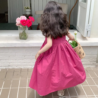 2026 New Summer Children Girls Sleeveless Dress Teen Solid Color Cotton Loose Casual Sundress Kids Vacation Style Princess Dress