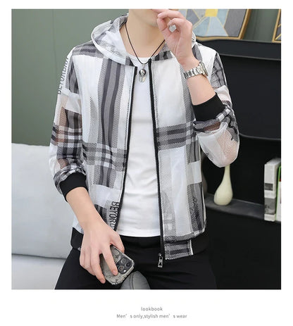 Men's Summer Mesh Sun Protection Clothing Trendy Stripe Print Ice Silk Cool Feeling Breathable Quick Dry Hooded Jacket