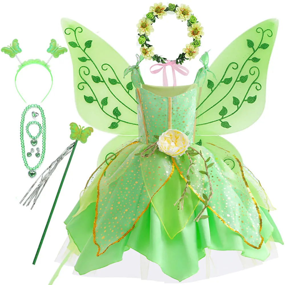 2026 Disney Elf Movie Tinker Bell Girls Play Fairy Dress Green Suspender Skirt With Wings and Flower Christmas Gift for Girls
