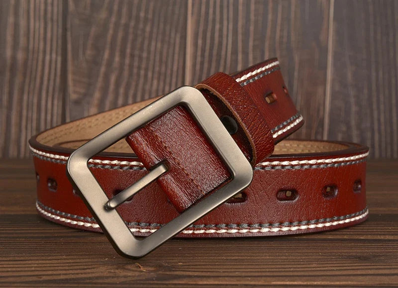 3.8CM Fashion Men Belts Genuine Leather Luxury Designer Vintage Thread Waist Belt For Jeans Cinturon Cowboy Hombre Dropshipping