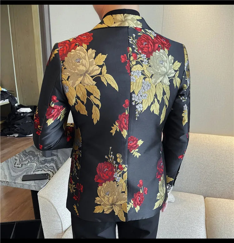 New Men Embroidered Jacquard Slim Fit Casual Suit Jacket Formal Prom Party Stage Costume Man Tuxedo Gentleman Blazers Suit Tops