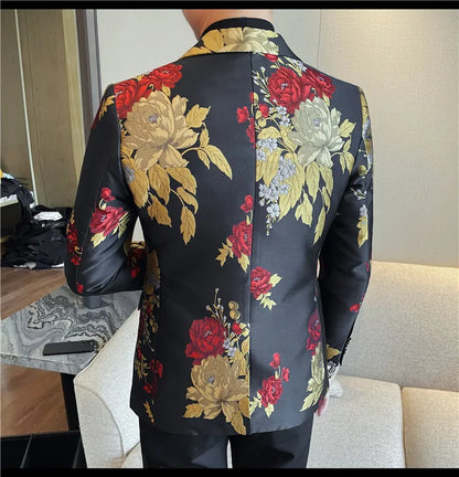 New Men Embroidered Jacquard Slim Fit Casual Suit Jacket Formal Prom Party Stage Costume Man Tuxedo Gentleman Blazers Suit Tops