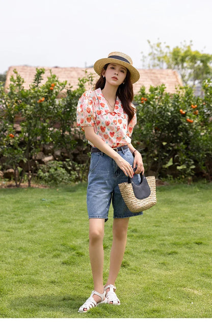 Korean Chic Fashion Women Stylish Blouses Summer French Sweet Retro Floral Polo-neck Puff Sleeves Tops MXB27C0450