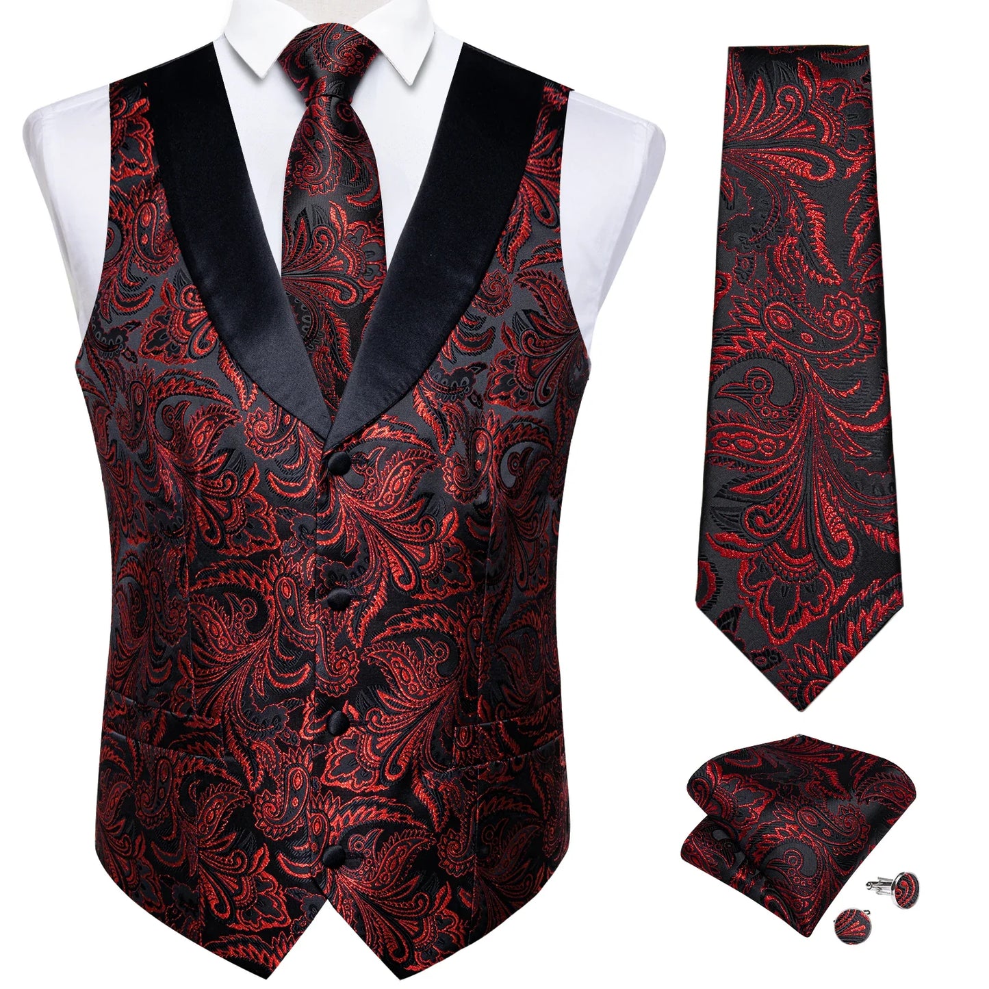 Men's Paisley  Suit Vest with Macthing Golden Paisley Neck Tie Handkerchief Cufflinks Wedding Prom Tuxedo Waistcoat