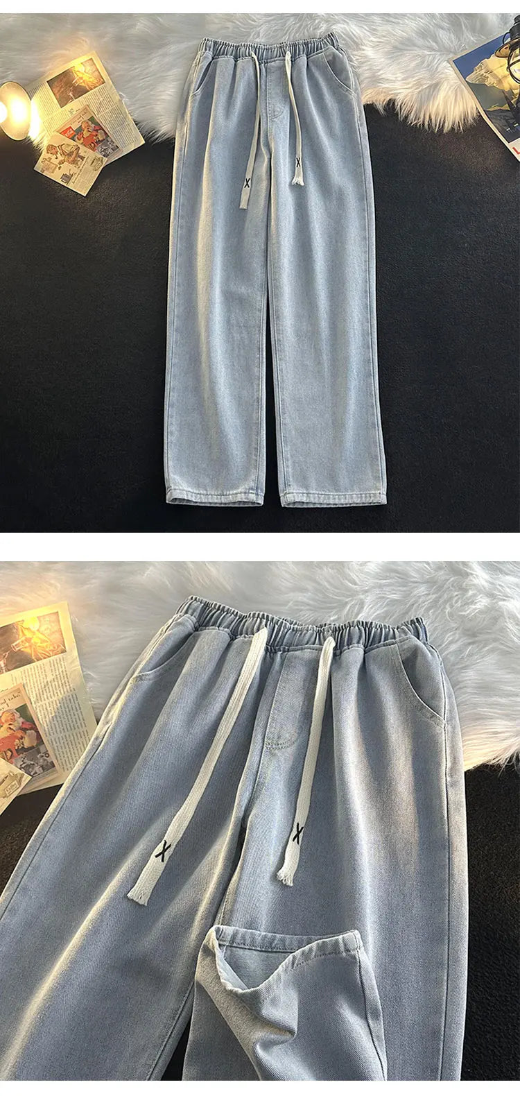Casual Loose Straight Leg Men's Jeans Drawstring Elastic Waist Wide Leg Long Trousers High Street Fashion Denim Pants