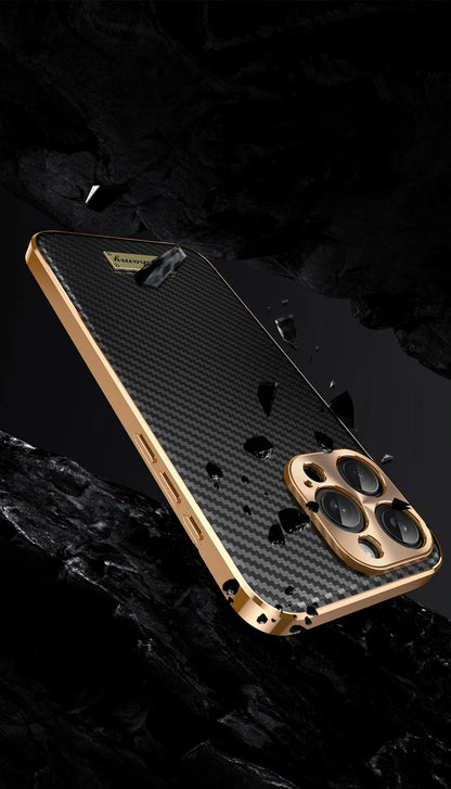 Luxury Plating Leather Carbon Fiber Texture Phone Case For iPhone 17 16 15 14 13 Pro Max Plus 17Air Alloy Lens Shockproof Cover