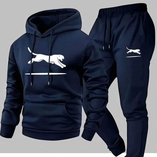 Casual Cargo Sweatshirt & Jogger Set Black White Leopard Print Soft Comfort Fabric Loose Fit Hooded Pullover Multiple Pockets