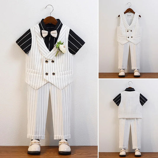 Boys Summer White Breathable 1Year Birthday Dress Kids Vest Shirt Pants Bowtie Photography Suit Children Performance Costume