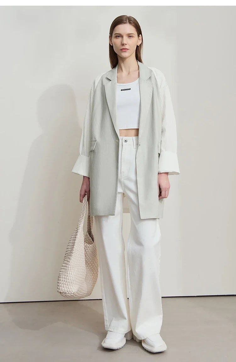 Minimalist Women's Fashion Casual Jacket 2025 Autumn Lyocell Linen Collision Splicing Crumple Texture Loose Blazer 12551008