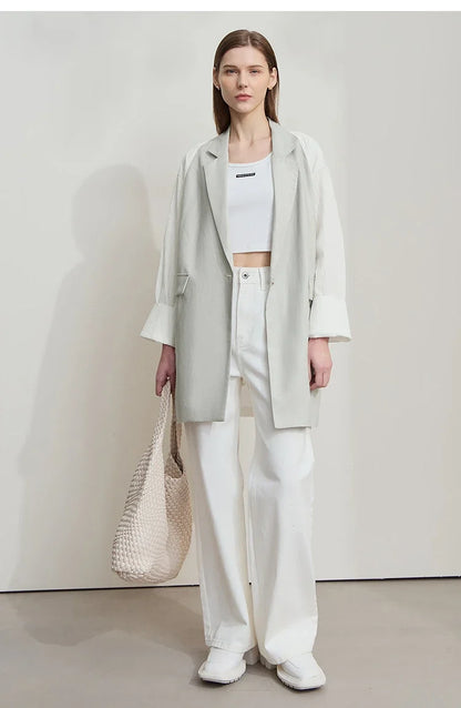 Minimalist Women's Fashion Casual Jacket 2025 Autumn Lyocell Linen Collision Splicing Crumple Texture Loose Blazer 12551008