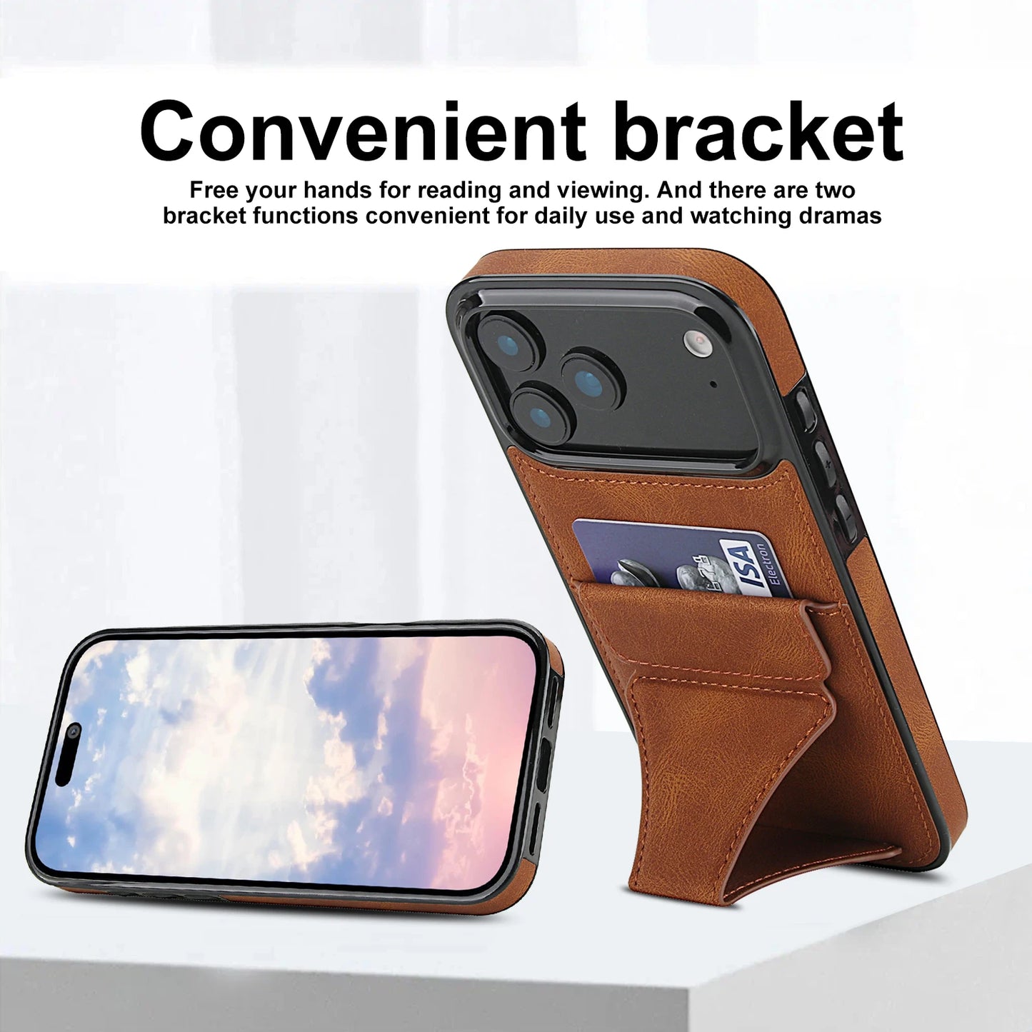 Foldable Kickstand Leather Phone Case For iPhone 17 Pro Max 16 Plus 15 14 13 12 Protective Credit Card Slots Kickstand Cover