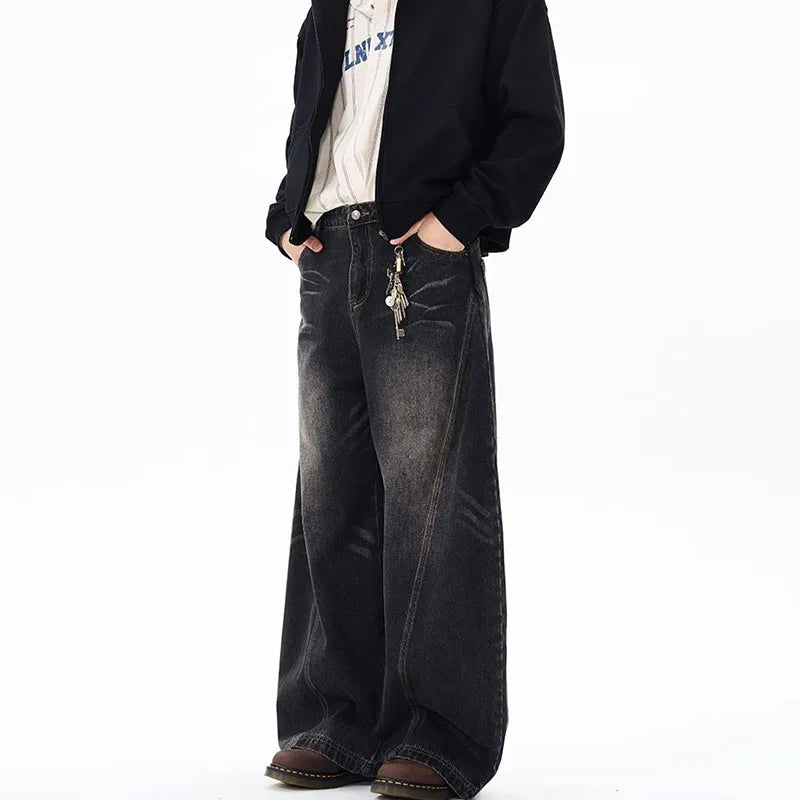 Spring New Men'S Jeans Wide Leg Pants Loose Machete Jeans Vintage Lightning Cracked Denim Trousers