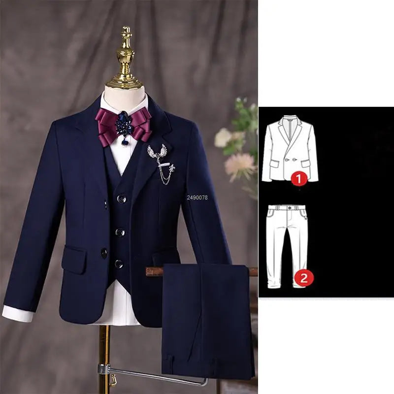 Flower Boys Navy Blue Wedding Suit Kids Photograph Set Teenager Birthday Party Tuxedo Dress Children Graduation Stage Costume