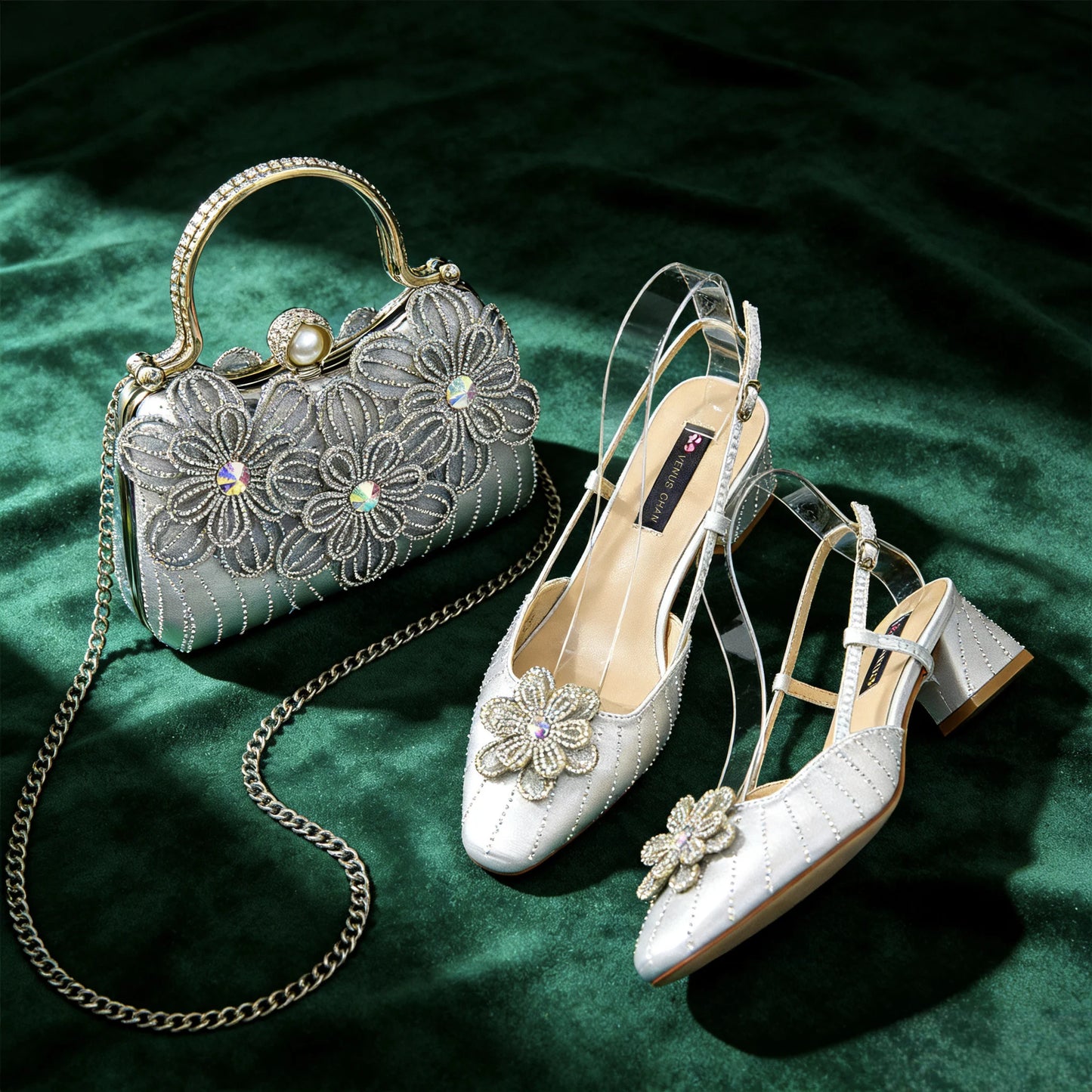 Party Shoes and Bag Ladies Heel Decoration Pure Elegant Flower Wedding Shoes and Bag Full Rhinestone Fashion Handbag
