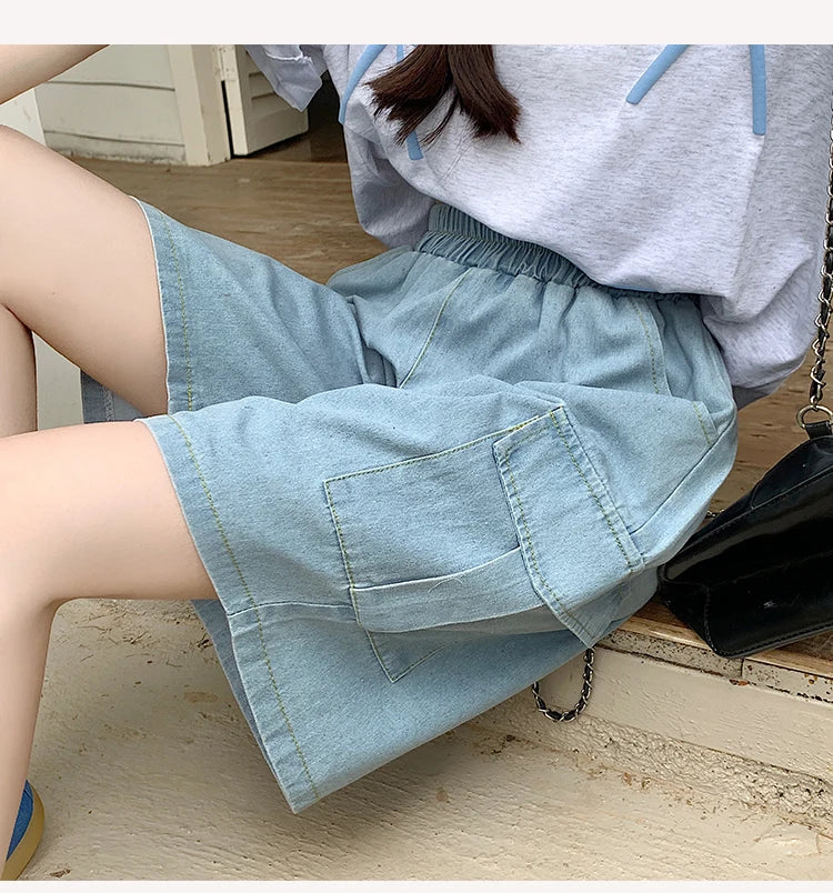 2026 Summer New Women's Denim Shorts Straight Trendy Loose Versatile Dad Shorts Thin Japanese Style Knee-length Pants