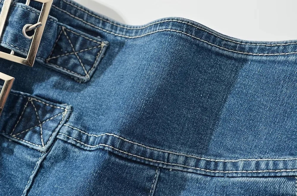 2025 Summer New TARUXY Denim Y2k Skirt with Pleats and Belt 90s E-girl Korean Skirts For Women High Street Jeans Short Bottom