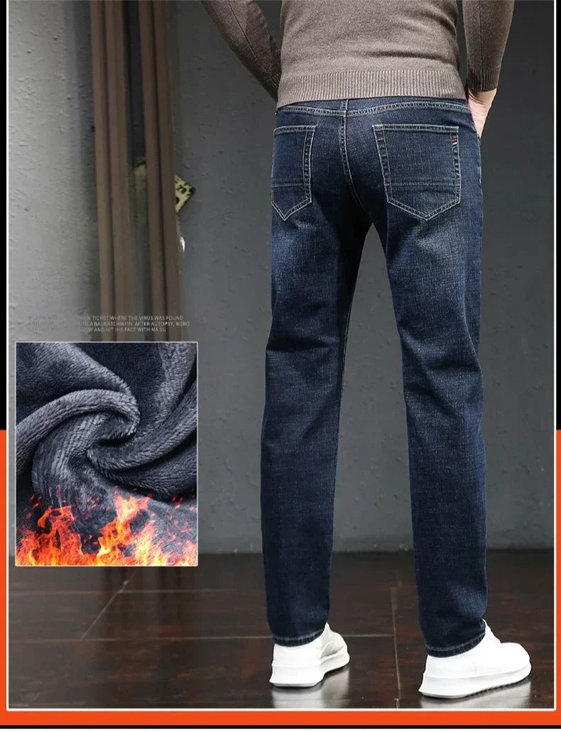 Winter Thickened Warm Male Plush Trousers Brand Clothes Men's Fleece Jeans Straight Slim Stretch Fashion Business Denim Pants