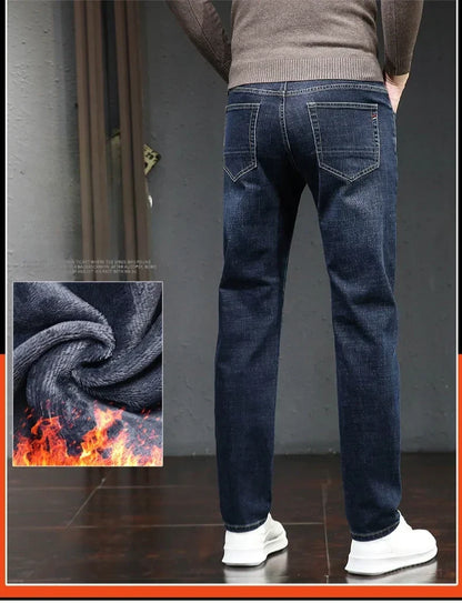 Winter Thickened Warm Male Plush Trousers Brand Clothes Men's Fleece Jeans Straight Slim Stretch Fashion Business Denim Pants
