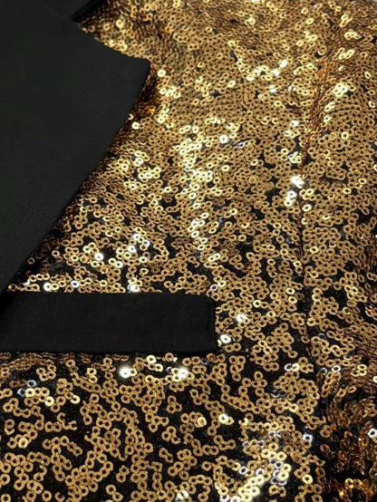 Shiny Sequin Tuxedo Jacket for Men - Royal Blue & Gold Gradient, Black Lapel, Formal Party/Wedding/Stage Wear‌ Coat.