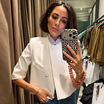 Asymmetric Crop White Blazer Woman Summer 2026 Office Wear Woman Elegant Button Short Sleeve Outerwear Fashion Suit Jacket