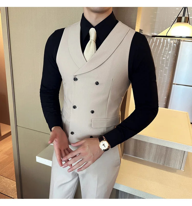 ( Vest + Pants) Men's Double-breasted Suit Vest 2 Pieces Set High Quality Business Casual Fashion Groom Wedding Dress Vest Sets