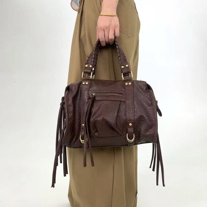 Y2K women's street style personalized rivet made old shoulder bag, retro motorcycle tote bag