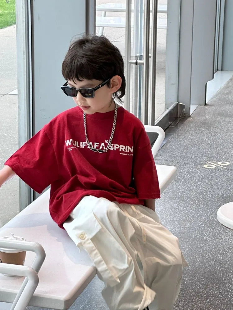 Red Cotton T-Shirt for Tween Boys Girls Loose Fitting Trendy Unisex Summer Top with Embroidered Letters Youthful Casual Wear