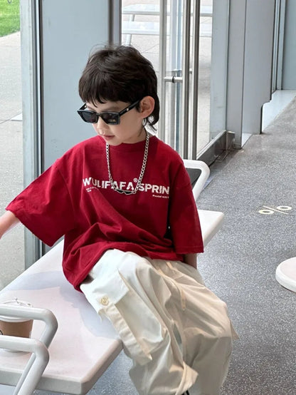 Red Cotton T-Shirt for Tween Boys Girls Loose Fitting Trendy Unisex Summer Top with Embroidered Letters Youthful Casual Wear