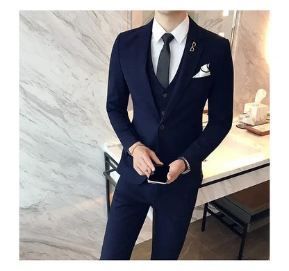 Blue Men Classic Striped/Checked Suits, Asian Size Slim Fit Business Office 3-Piece Sets, Black/Gray and Red Available.