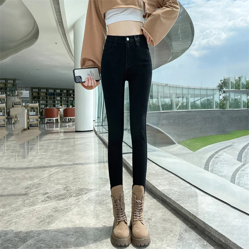 Women Stretch Jeans Lady Slim Skinny Pencil Jeans High Waist Vintage Pants Girls Leggings Straight Leg Korea Fashion Trousers