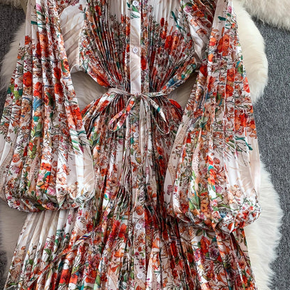Ele Printed round Ne Lantern Sve Dr Women's Single Button Waist Cinch Maxi Skirt Long Dr Commute Sle Autumn
