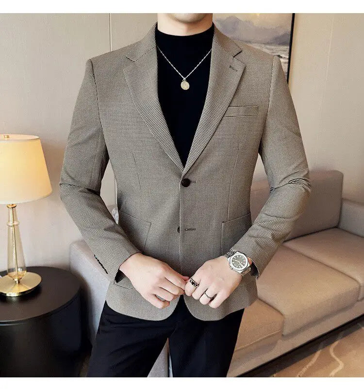 Korean Vintage Elegant Men's Business Slim Fit Suit Jacket 2026 New Fashion Lapel Single Breasted Men Social Party Dress Coats