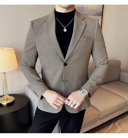 Korean Vintage Elegant Men's Business Slim Fit Suit Jacket 2026 New Fashion Lapel Single Breasted Men Social Party Dress Coats