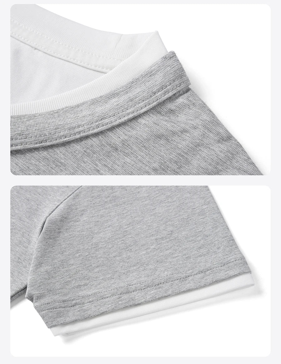 2026 Summer New Oversize 210gsm Cool Feeling Sorona Fabric Fake Double Layer T-shirts Men Comfortable Plus Size Tops