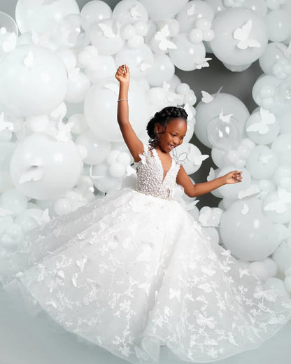 White Flower Girl Dresses for Wedding Butterfly Appliques Pearl Floor Length Girl Kids Birthday Party First Holy Communion Gown