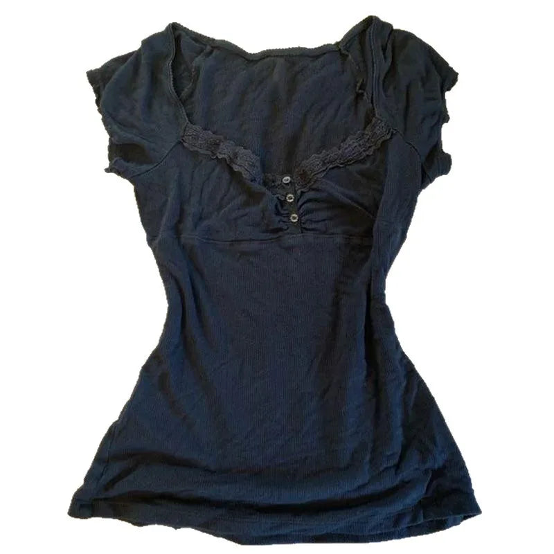 Gothic Harajuku Y2K Women's Crop Top Casual Slim Fit Striped Lace Bow Button Design Short Sleeve T-Shirt Chic Trendy Streetwear