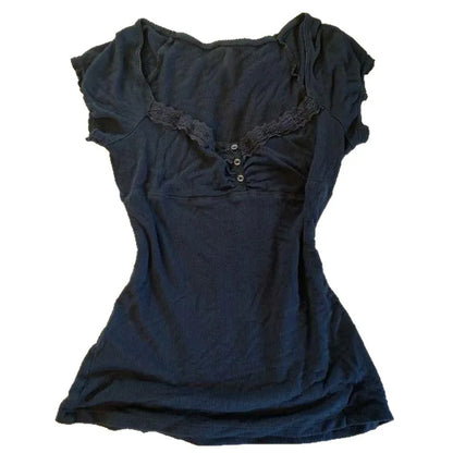 Gothic Harajuku Y2K Women's Crop Top Casual Slim Fit Striped Lace Bow Button Design Short Sleeve T-Shirt Chic Trendy Streetwear