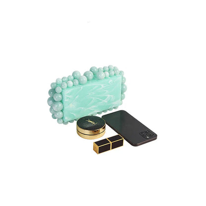 Fashion Women Acrylic Turquoise Evening Clutch Bag Small Pearls Party Black Designer Day Purse Crossbody Chain