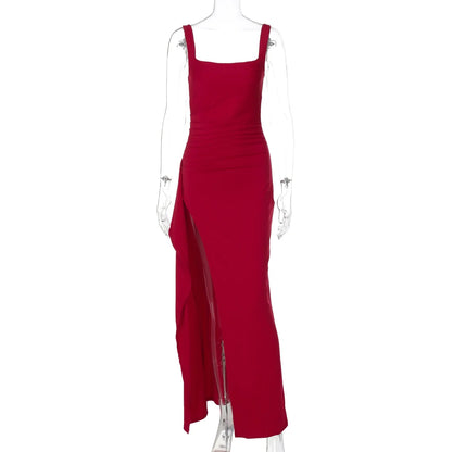 Women Elegant Solid Straps Slit Ruched Patchwork Sexy Bodycon Maxi Dress Summer Outfits Evening Party Birthday Festival