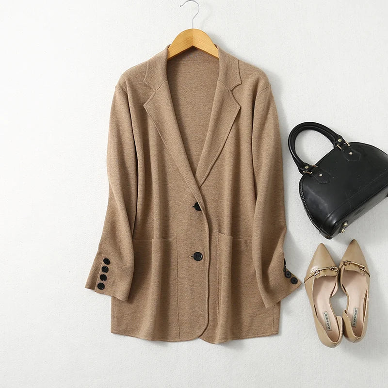 Women Blazer Cashmere Silk Blends Solid Colors Camel Long Sleeve Buttons Down Fashion Jacket Coat  Winter Warm XL XXL LY051